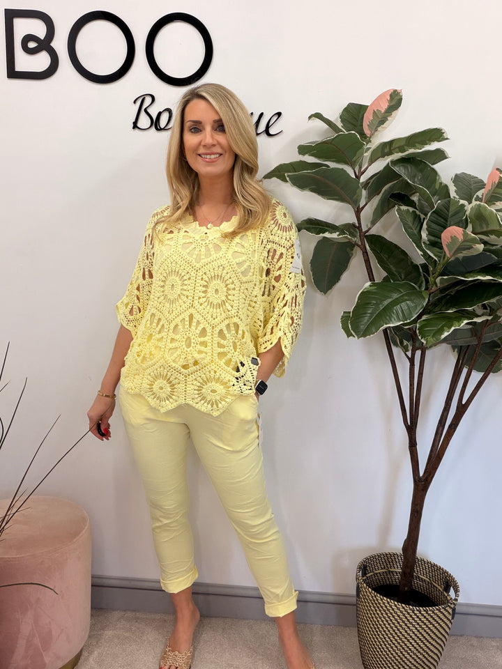Ladies Fashion Crochet Open Knit Top yellow lemon