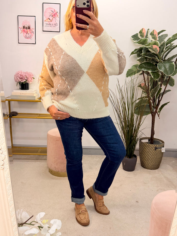 Ladies Fashion Cream Beige Mocha Cricket Loose Fit Jumper