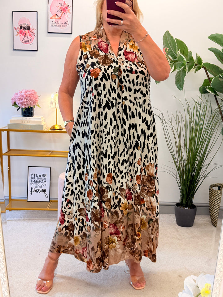 Ladies Animal Print Summer Maxi Dress - Black, White