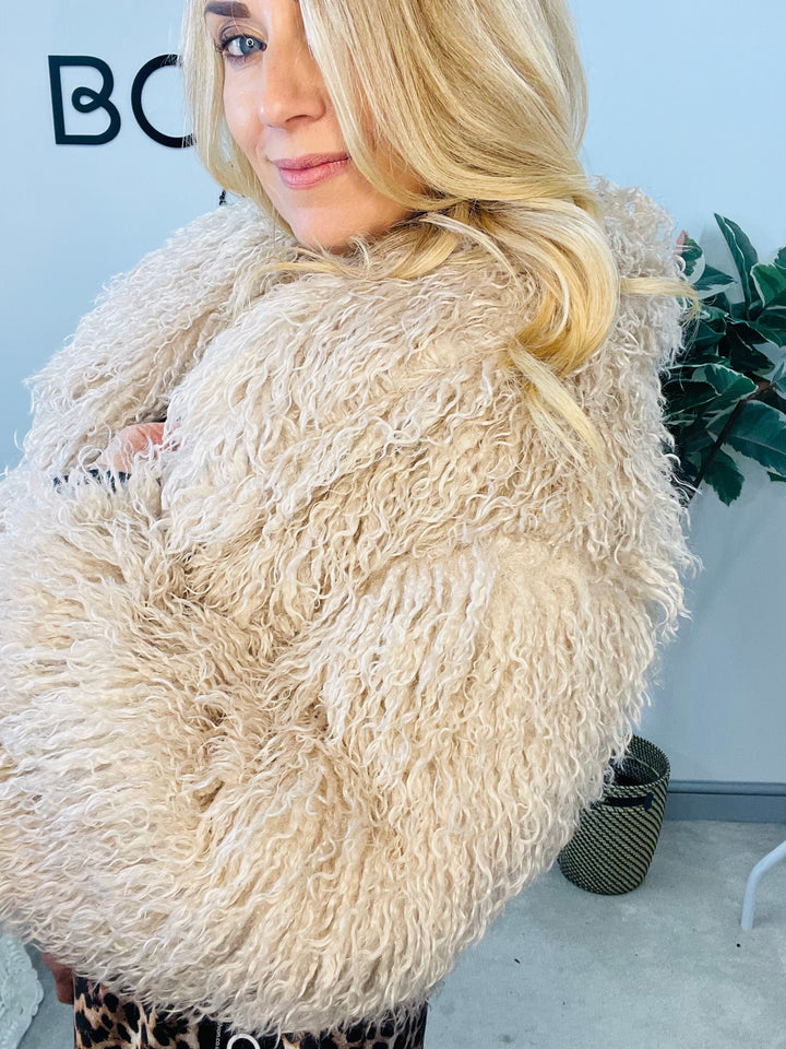 LADIES SHAGGY FLUFFY BOLERO JACKET - BEIGE, GREY & BROWN