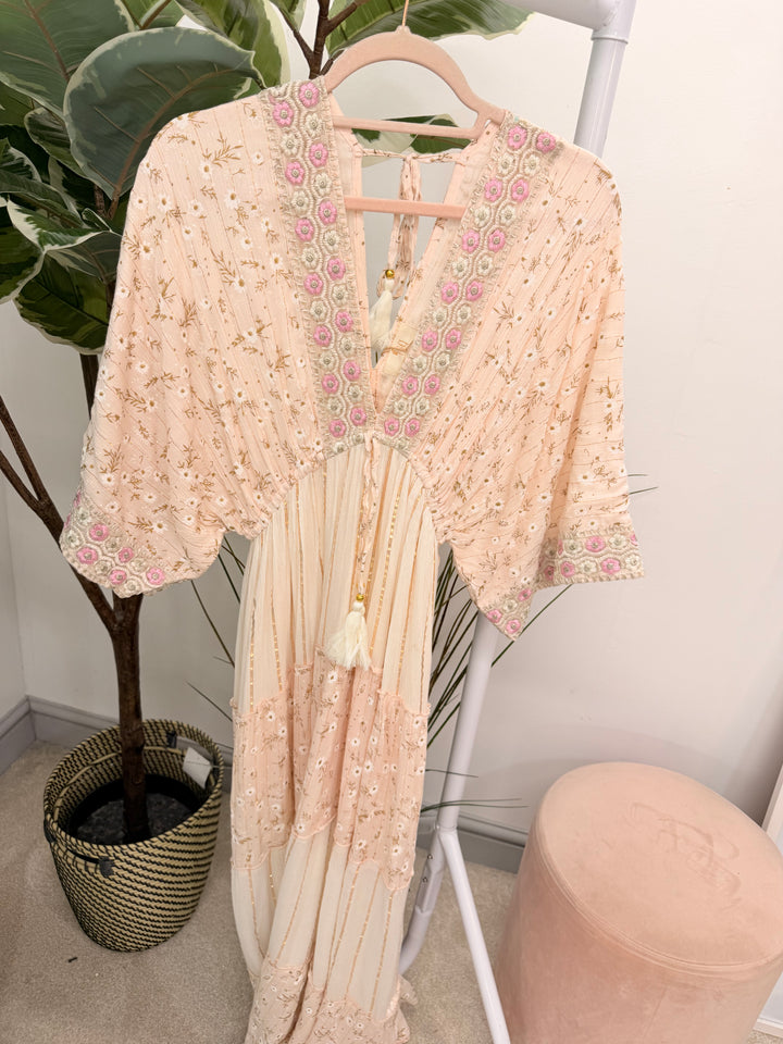 Ladies Fashion Boho Summer Maxi Dress - Pink, Cream, Mint & Blue