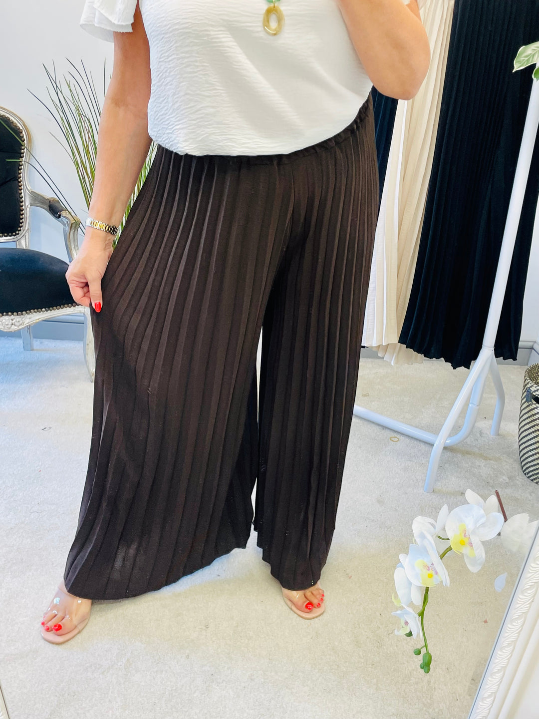LADIES PLEATED WIDE LEG CULOTTE TROUSERS - BLACK, NAVY, BROWN, BEIGE