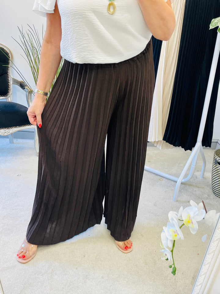 LADIES PLEATED WIDE LEG CULOTTE TROUSERS - BLACK, NAVY, BROWN, BEIGE
