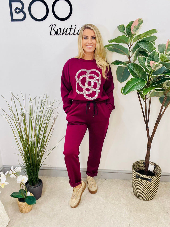 LADIES DIAMANTE TROUSER CO ORD SET - BLACK, BURGUNDY, BROWN