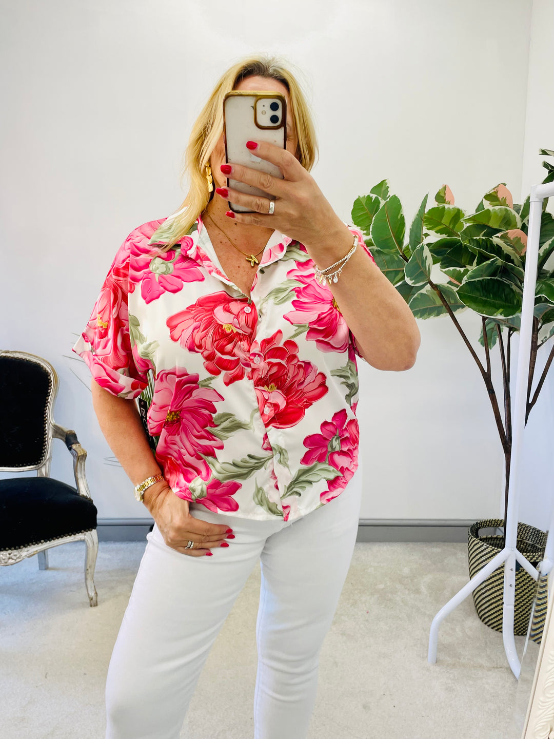 LADIES SATIN FLORAL PRINT BLOUSE TOP - YELLOW, NAVY, BLACK, PINK, GREEN