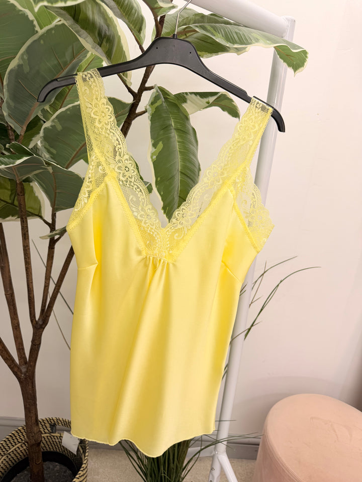 Ladies Fashion Satin Lace Edge Cami Top - Lemon, White, Black, Blue & Brown