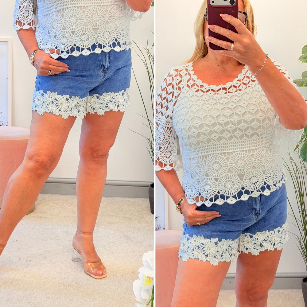 Ladies Fashion Lace Edge Blue Denim Shorts