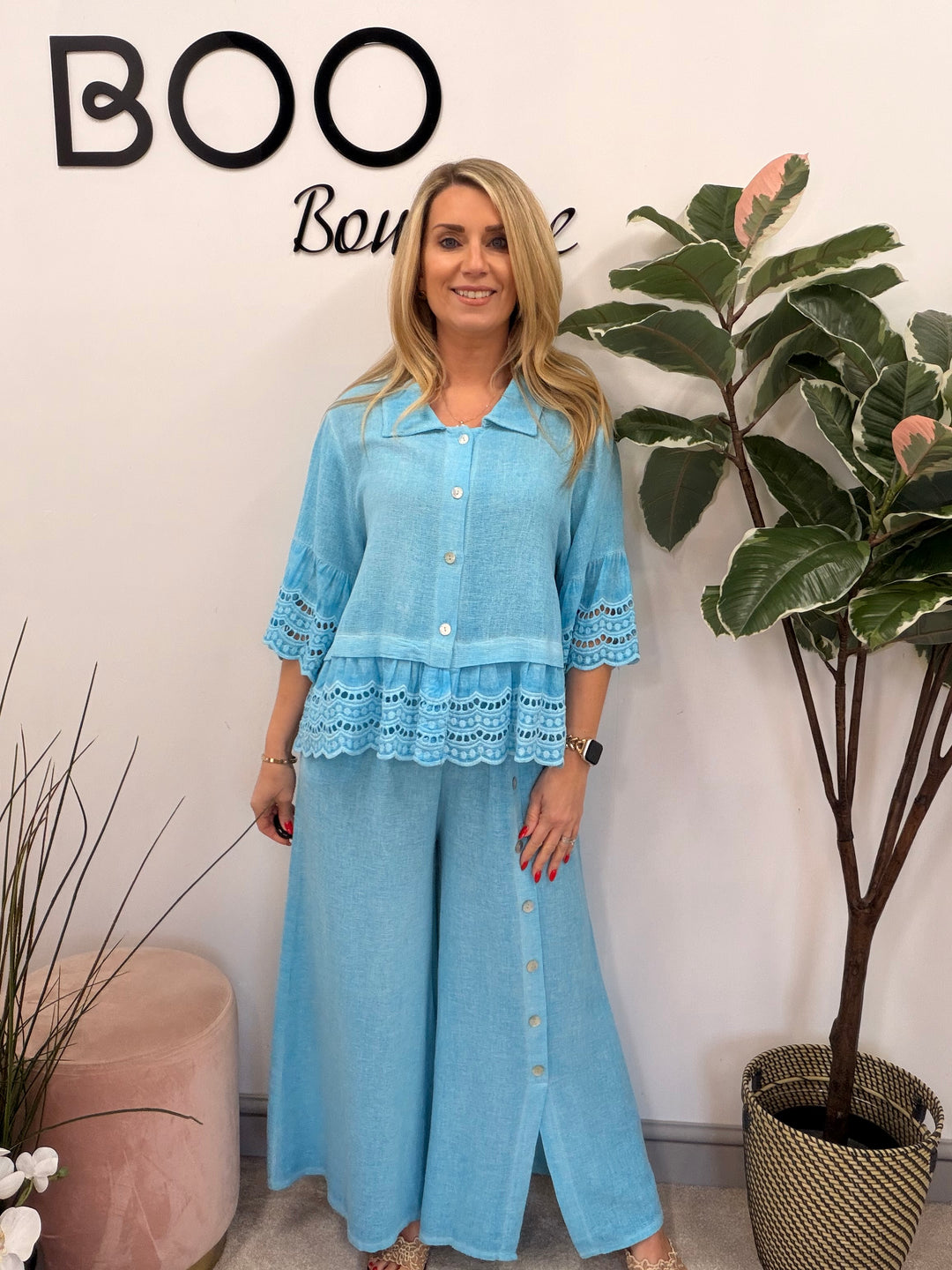 Ladies Fashion Wide Leg Palazzo Teabag Linen Trousers turquoise