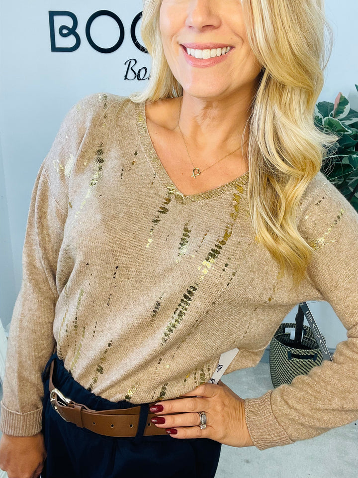LADIES V NECK SOFT KNIT JUMPER - WHITE, BROWN & MOCHA