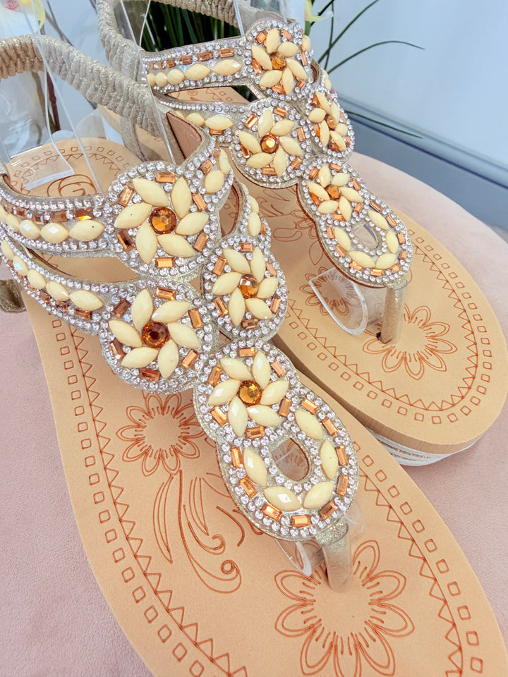 Ladies Fashion Gold Lemon Diamanté Toe Post Sandals 