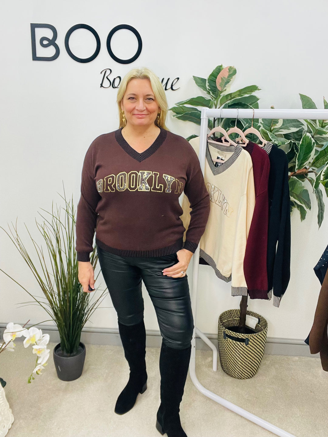 LADIES DIAMANTE SOFT KNIT JUMPER - BURGUNDY, BROWN, BLACK & BEIGE