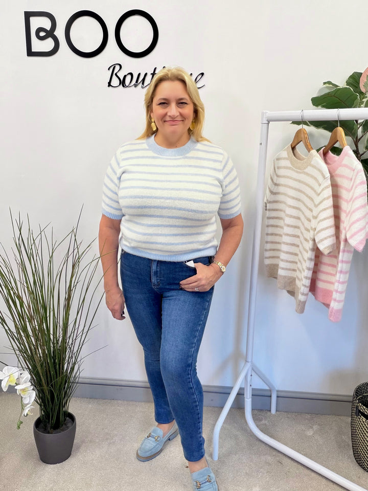 LADIES CREAM STRIPED SHORT SLEEVE JUMPER - PINK, BLUE & BEIGE