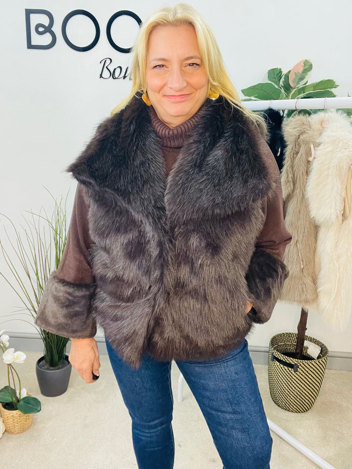 LADIES FASHION FAUX FUR GILET - BEIGE, BLACK, BROWN & CREAM