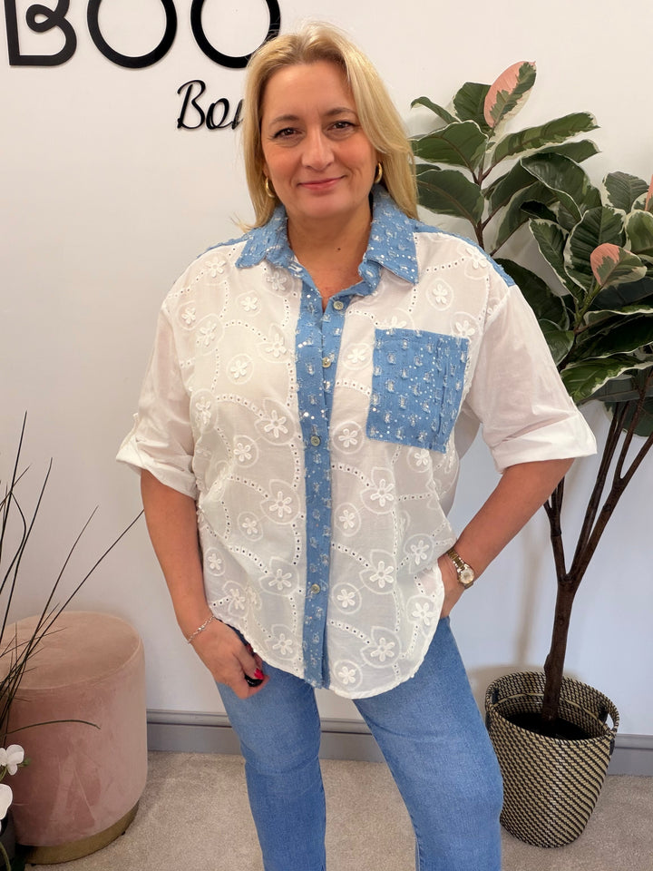 Ladies Fashion White Broderie Anglaise Shirt Blouse