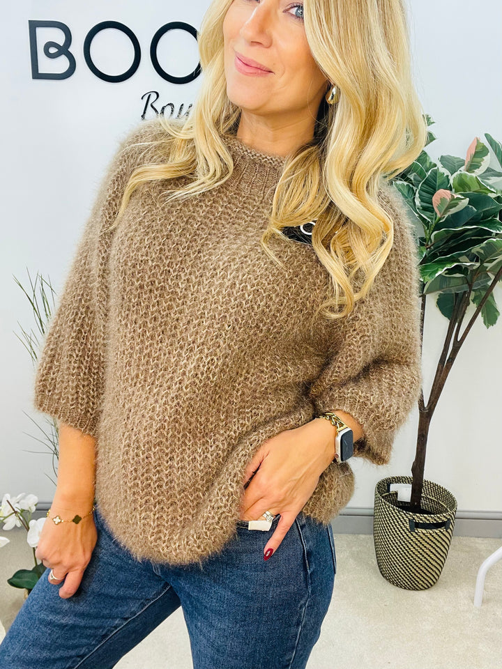 LADIES FLUFFY SHORT SLEEVE JUMPER - BROWN, BLACK, BEIGE, BLUE, BURGUNDY, MOCHA