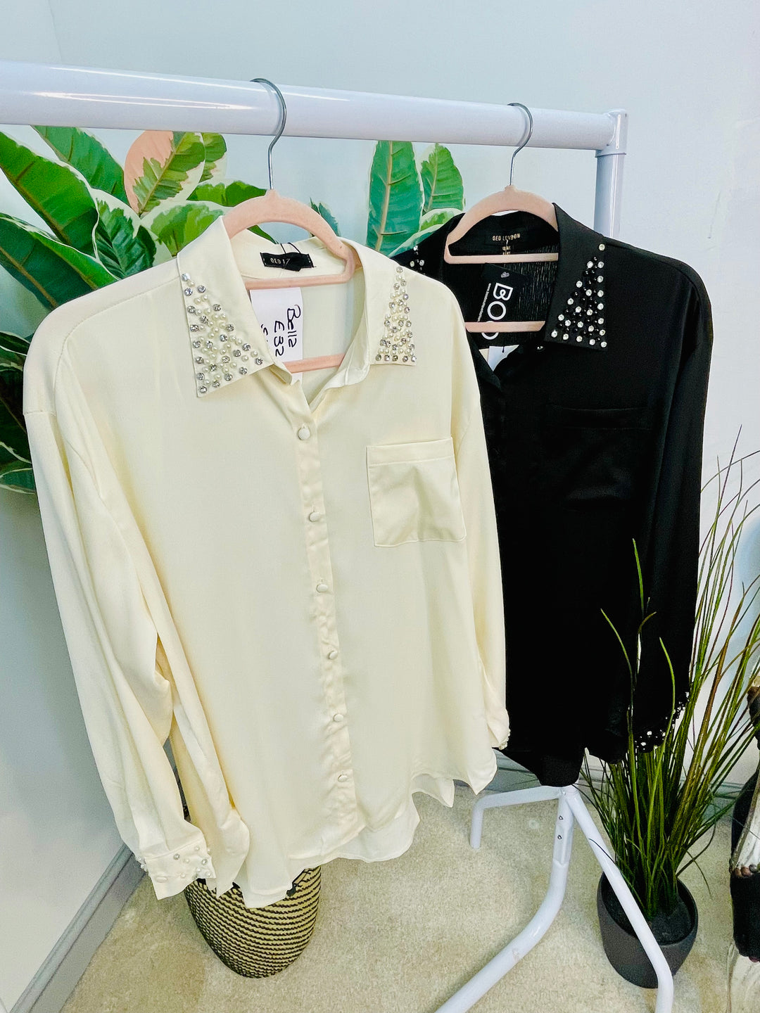 LADIES SILKY PEARL DIAMANTE SHIRT BLOUSE - CREAM & BLACK