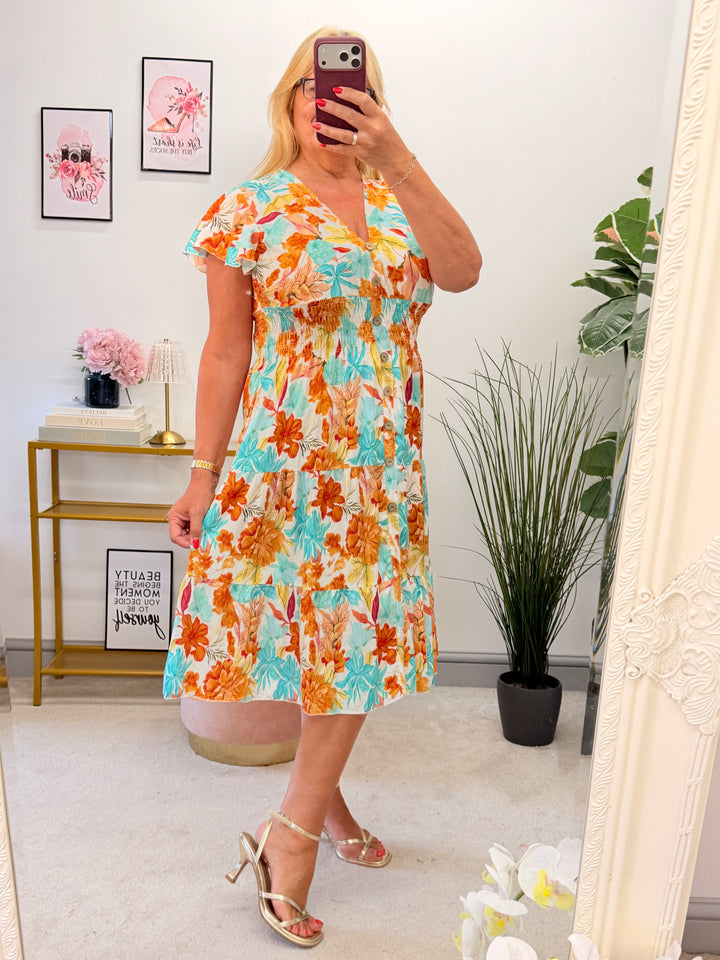 Ladies Floral Print Summer Magic Dress - Blue, Turquoise, Yellow & Green