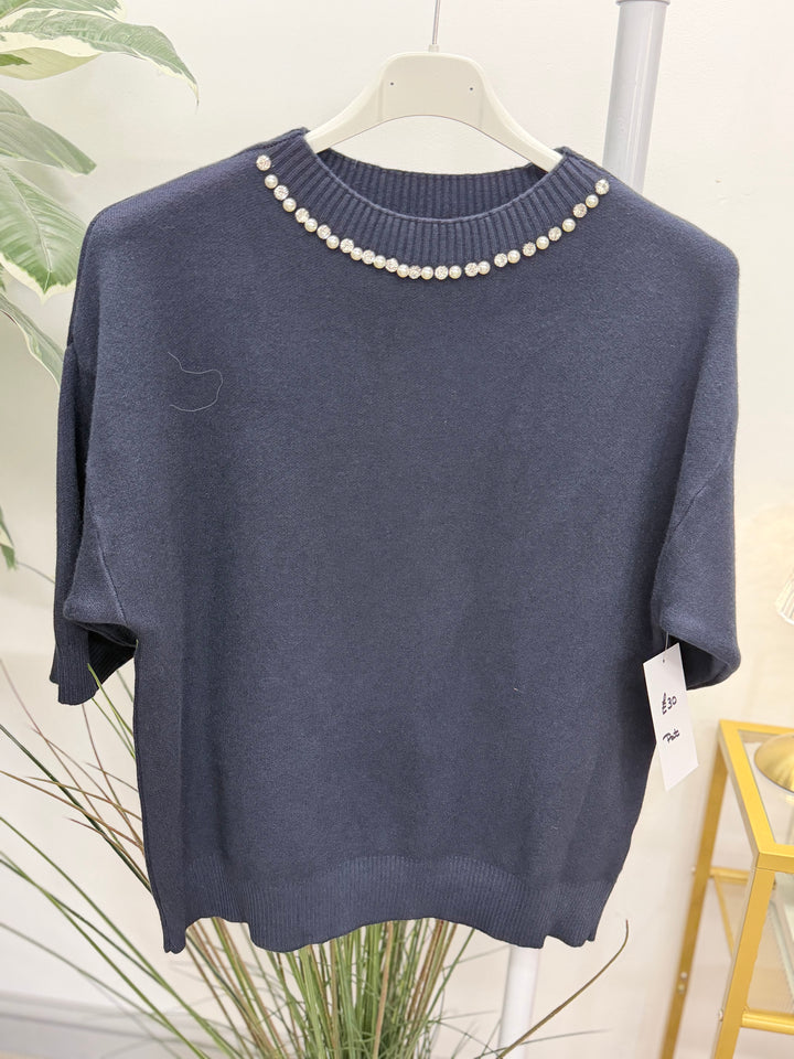 Ladies Fashion Diamante/Pearl Short Sleeve Jumper - Blue, White, Brown, Wine & Navy