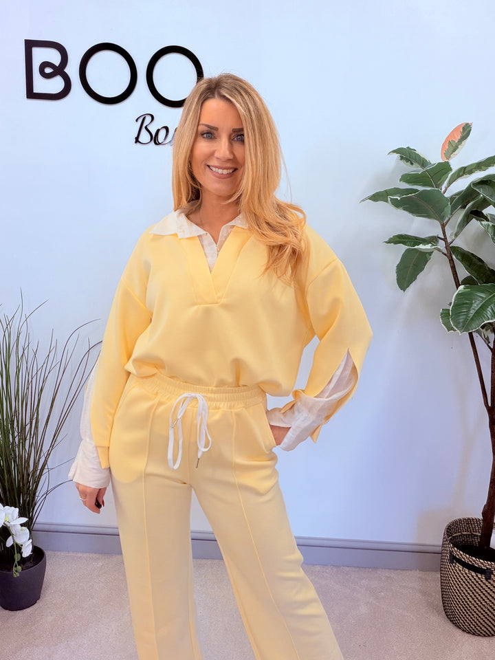 LADIES STRAIGHT LEG TROUSER CO ORD SET - LEMON, PINK, BEIGE, BLUE & BLACK