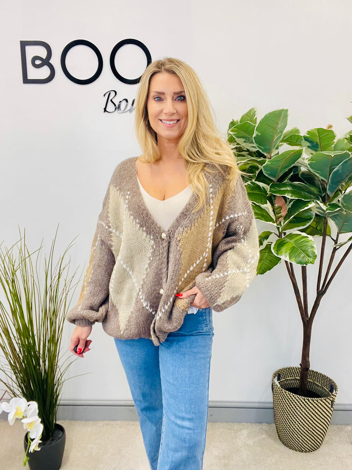 LADIES ARGYLE KNIT OVERSIZE CARDIGAN - BERRY, BEIGE, BROWN, MOCHA