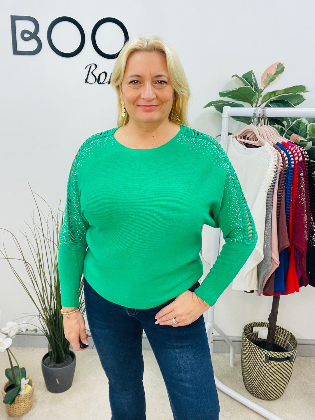 LADIES DIAMANTE BATWING JUMPER GREEN