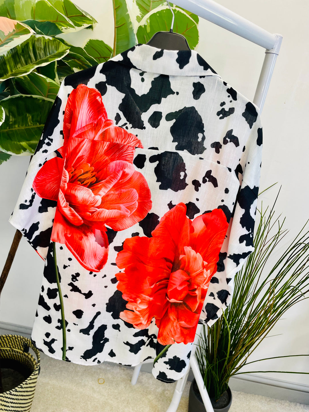 LADIES CREAM LINEN & RED POPPY PRINT OVERSIZE SUMMER SHIRT TOP