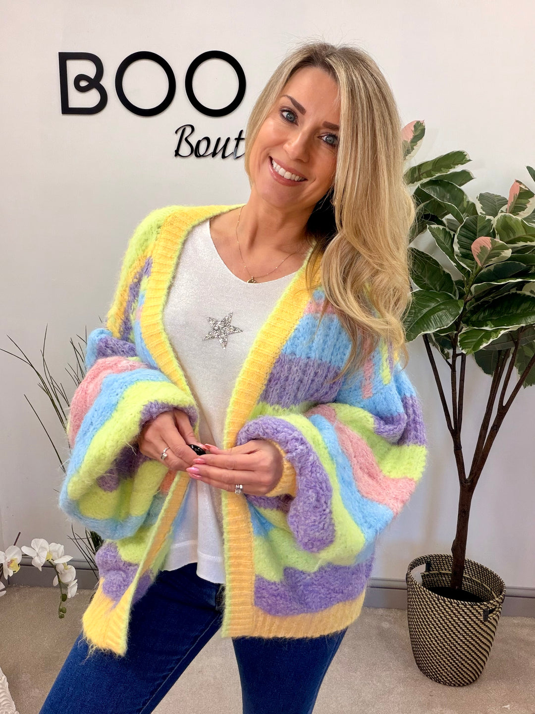 LADIES RAINBOW PASTEL STRIPE CHUNKY KNIT OVERSIZE CARDIGAN