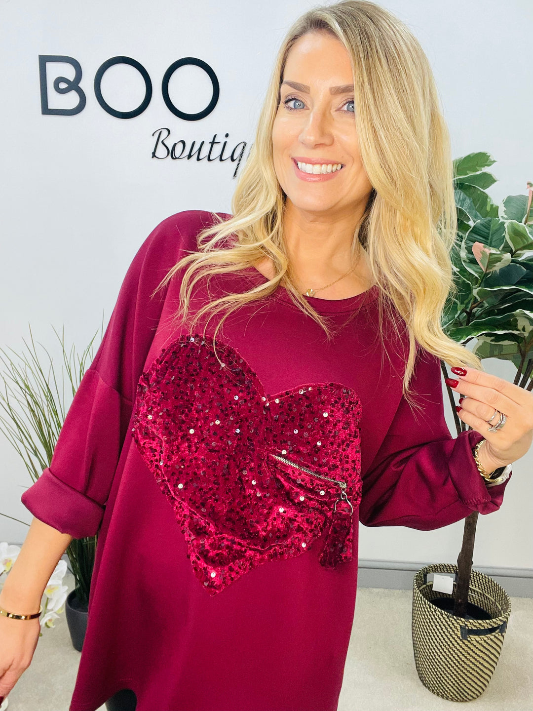 LADIES SCUBA SEQUIN HEART SWEATSHIRT TOP - BURGUNDY, BLACK, BROWN, BEIGE