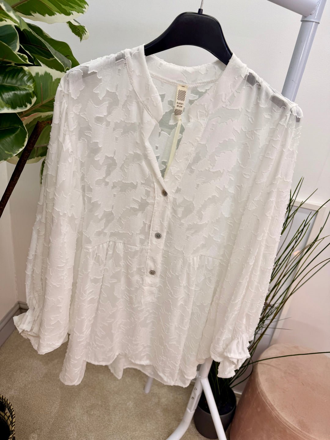 Ladies Fashion Smock V Neck Blouse Top - White, Lemon & Peach