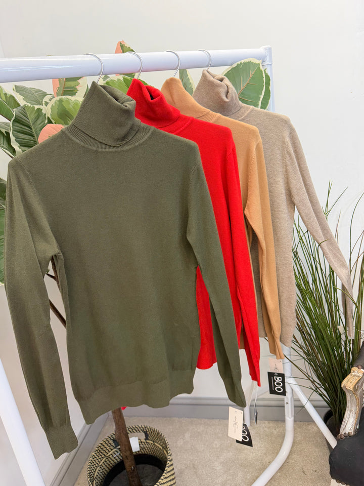 LADIES FINE KNIT ROLL NECK JUMPER - BERRY, BLACK, BEIGE, RED, KHAKI BROWN