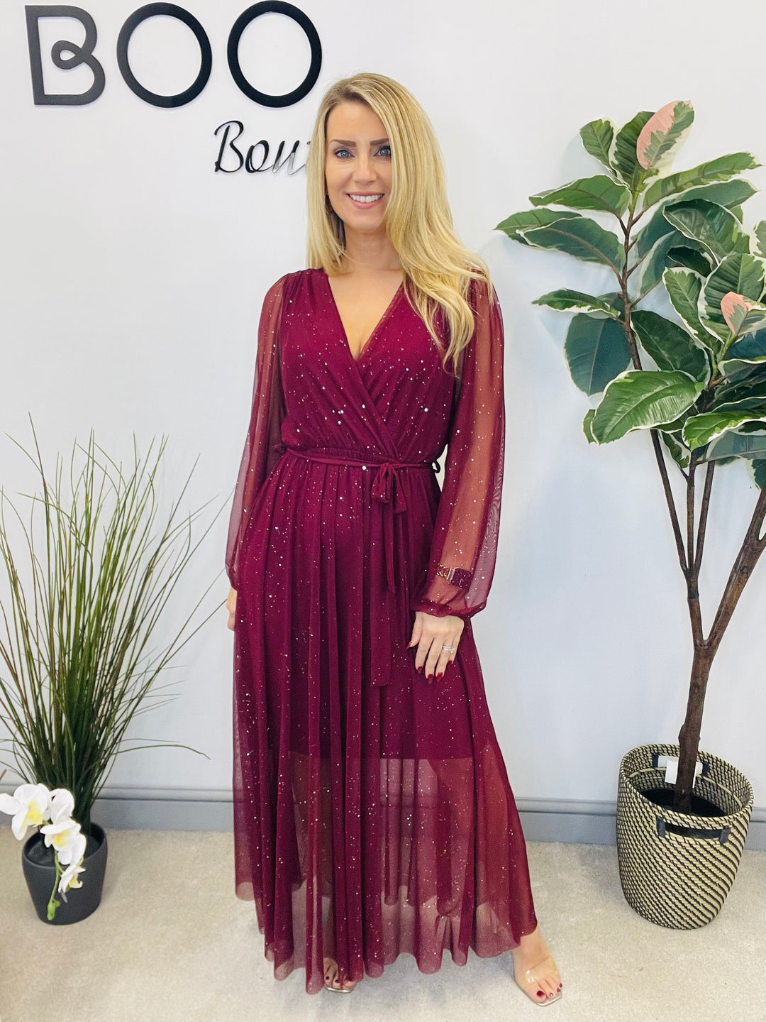 LADIES STRETCH NET PARTY MAXI DRESS - BLACK, BERRY, BROWN & GREEN