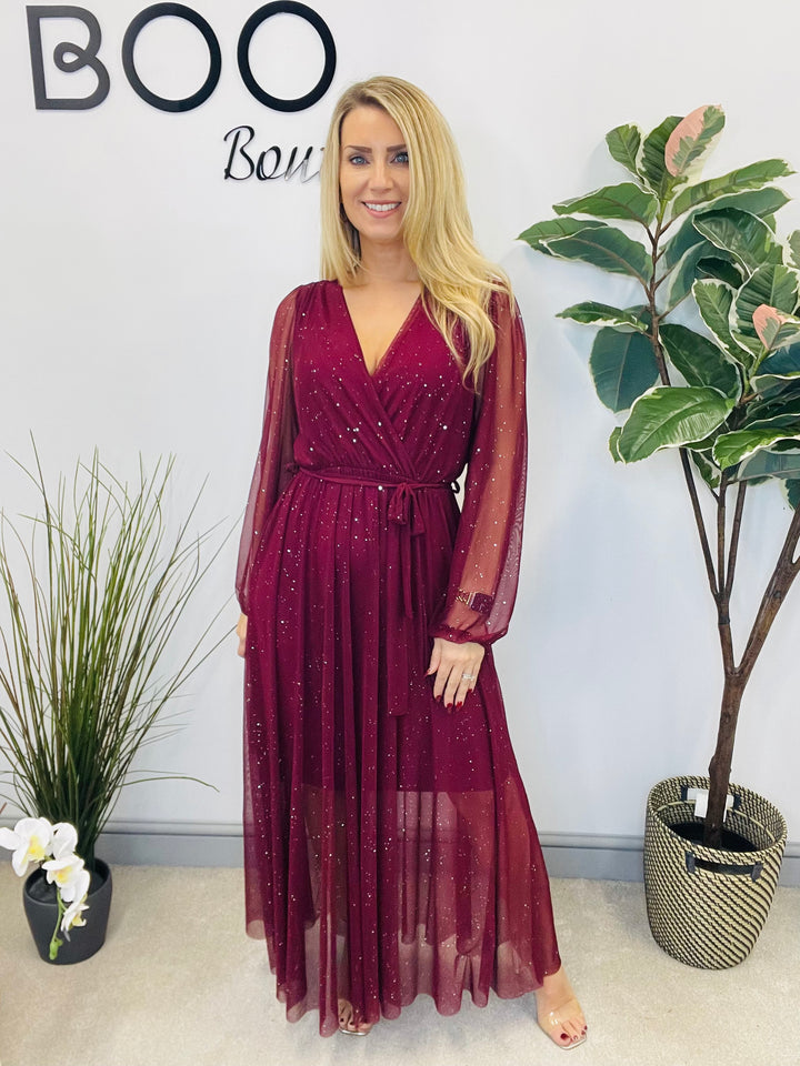 LADIES STRETCH NET PARTY MAXI DRESS - BLACK, BERRY, BROWN & GREEN