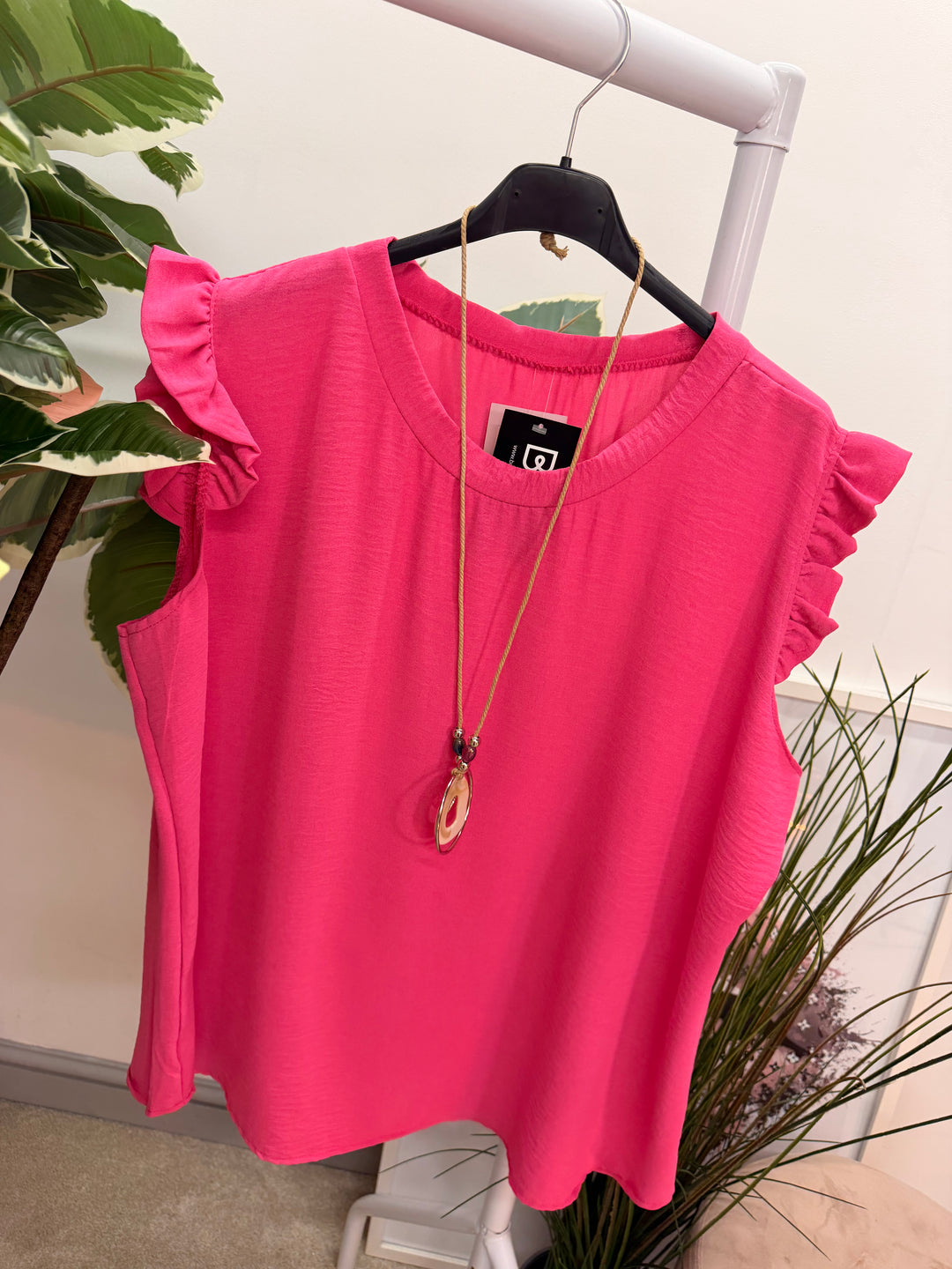 Ladies Fashion Frill Cap Sleeve Top fuschia pink