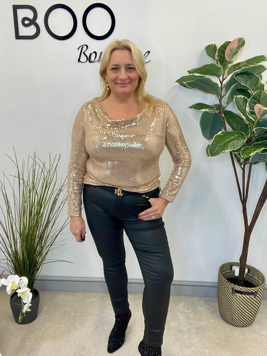 LADIES SEQUIN COWL NECK TOP - BLACK, CHAMPAGNE, GREEN & RED