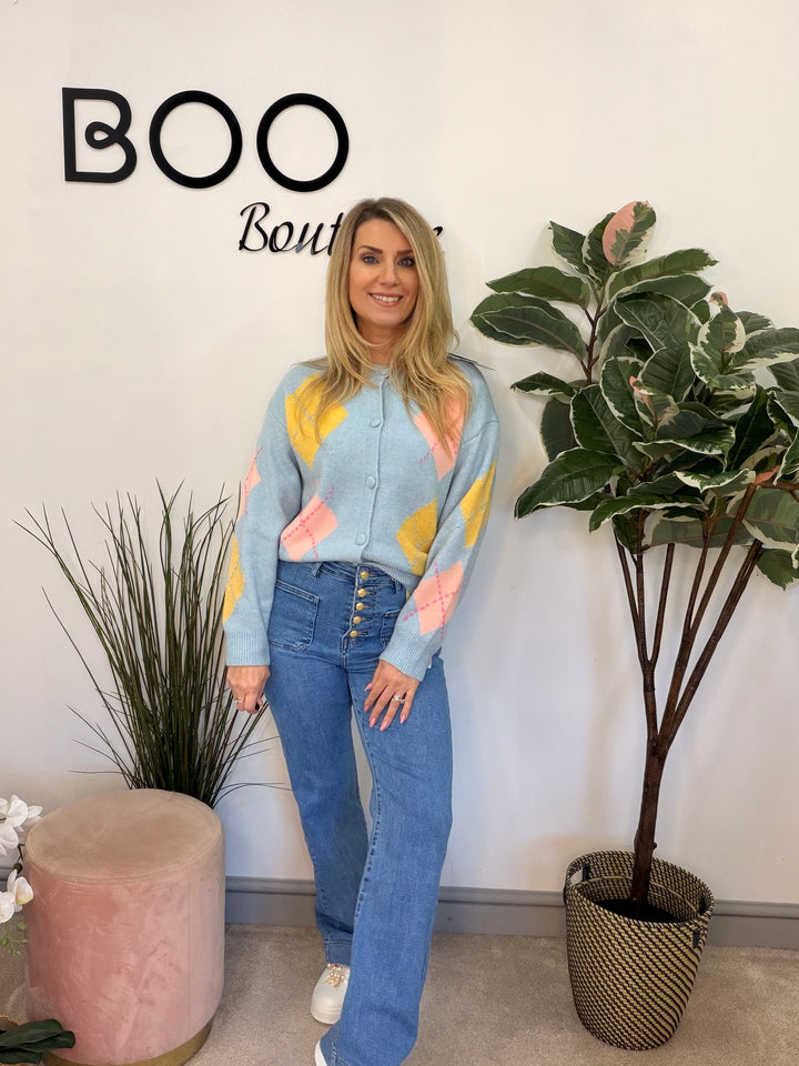 Ladies Fashion Diamond Argyle Cardigan - pink, blue & cream