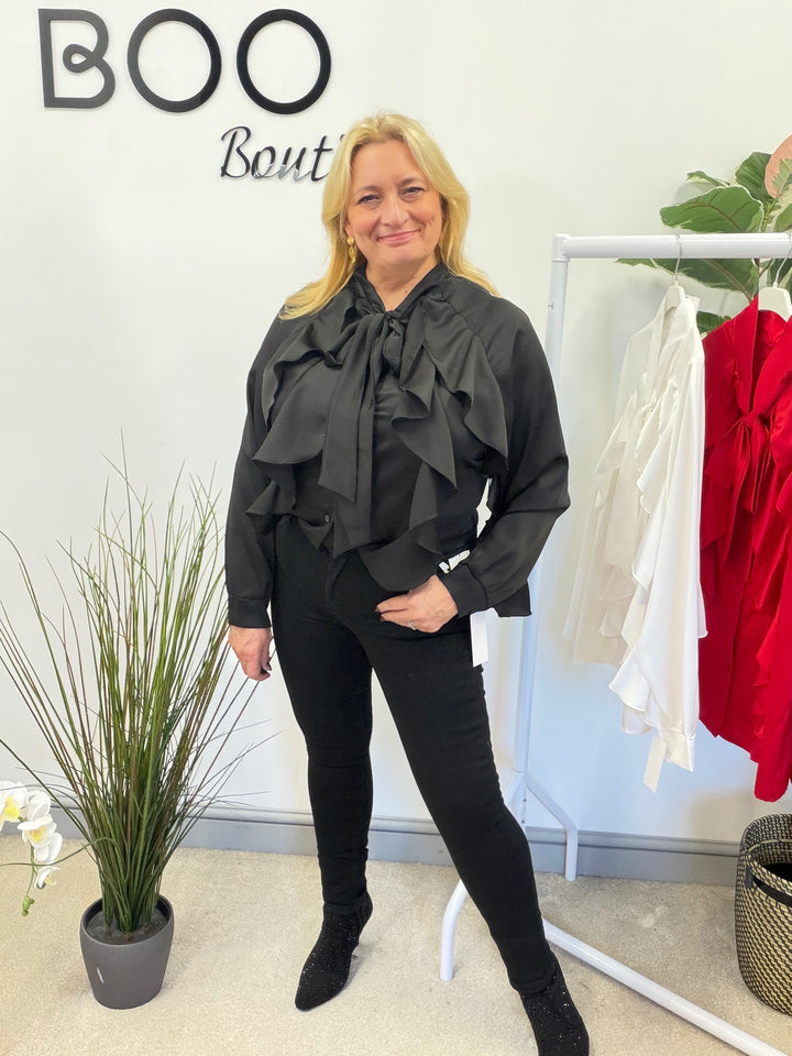 LADIES SATIN FLAMENCO FRILL BLOUSE SHIRT - RED, BLACK, WHITE