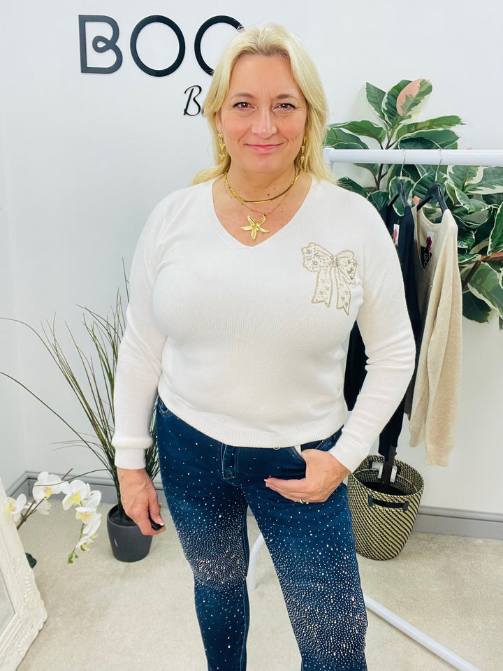 LADIES SOFT KNIT V NECK BOW JUMPER - WHITE, BEIGE & BLACK