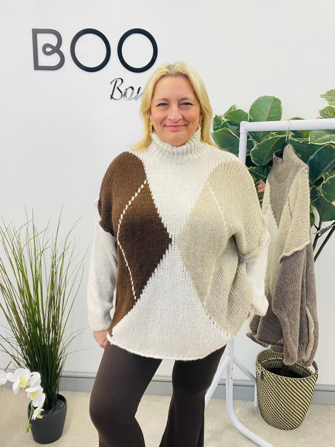 LADIES ARGYLE KNIT OVERSIZE JUMPER - CREAMS, BROWN, BEIGE