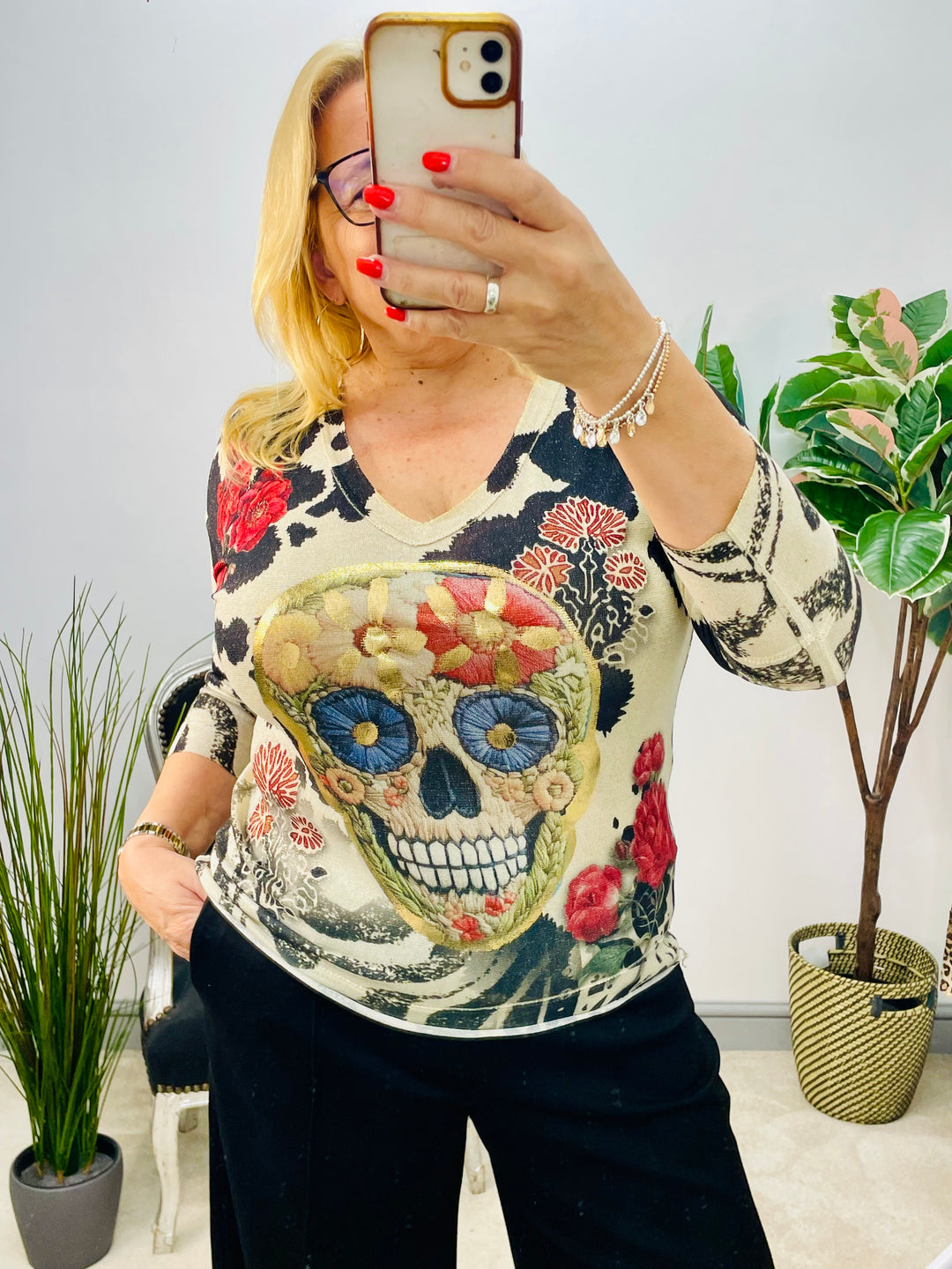 LADIES SKULL PRINT GOLD LUREX LONG SLEEVE TOP