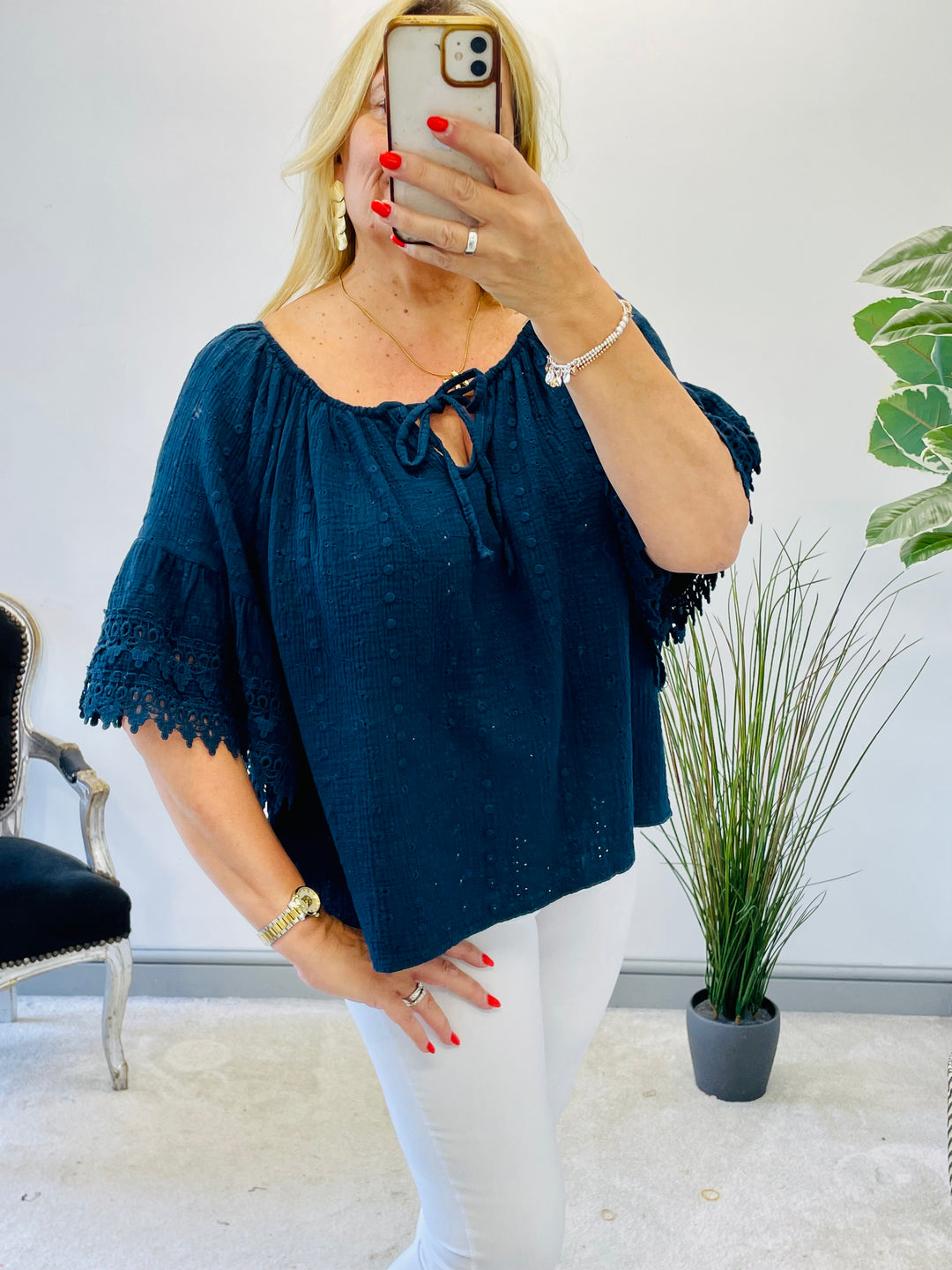 LADIES BRODERIE ANGLAISE BARDOT SUMMER TOP - PINK, WHITE, BLUE, NAVY, YELLOW