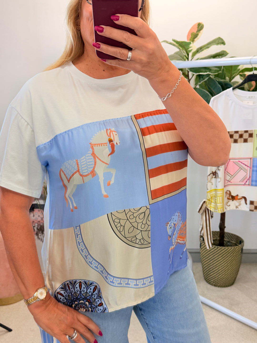Ladies White Satin T Shirt - Pink & Blue