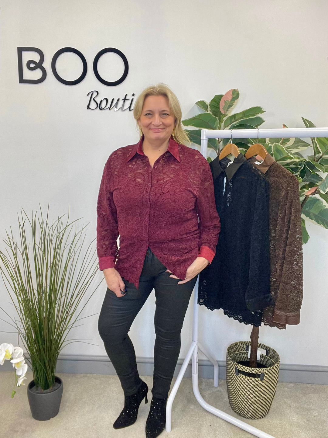 LADIES SHEER LACE BLOUSE SHIRT - BROWN, BLACK & BERRY