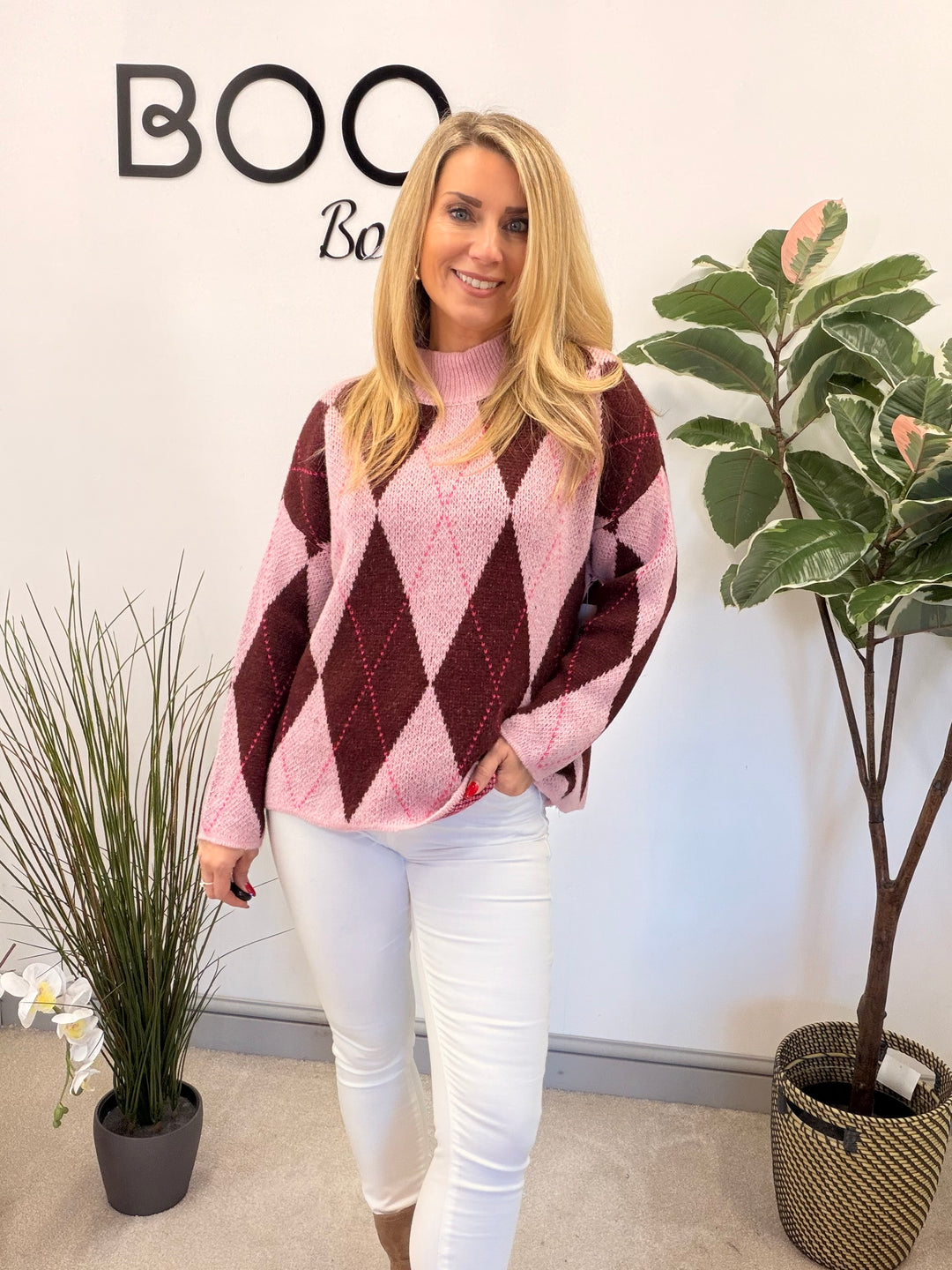 LADIES FASHION ARGYLE KNIT JUMPER - BERRY, PINK, GREY, PURPLE