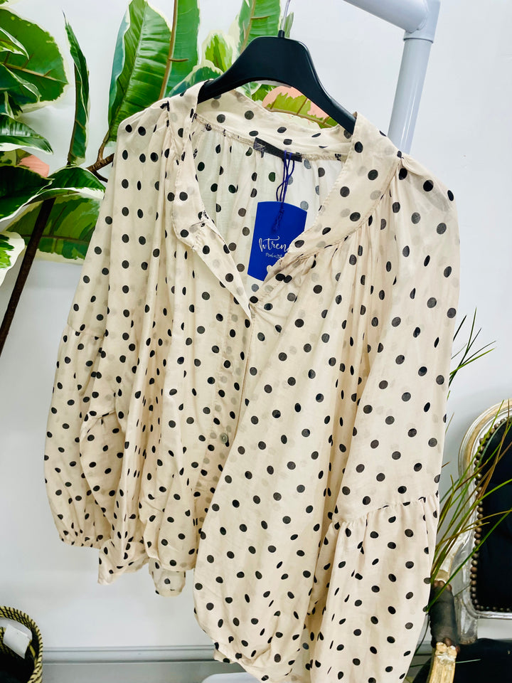 LADIES POLKA DOT LOOSE FIT BLOUSE TOP - BEIGE, BLACK & BROWN