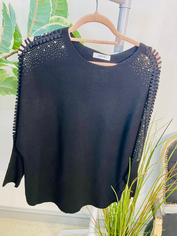 LADIES DIAMANTE BATWING JUMPER BLACK