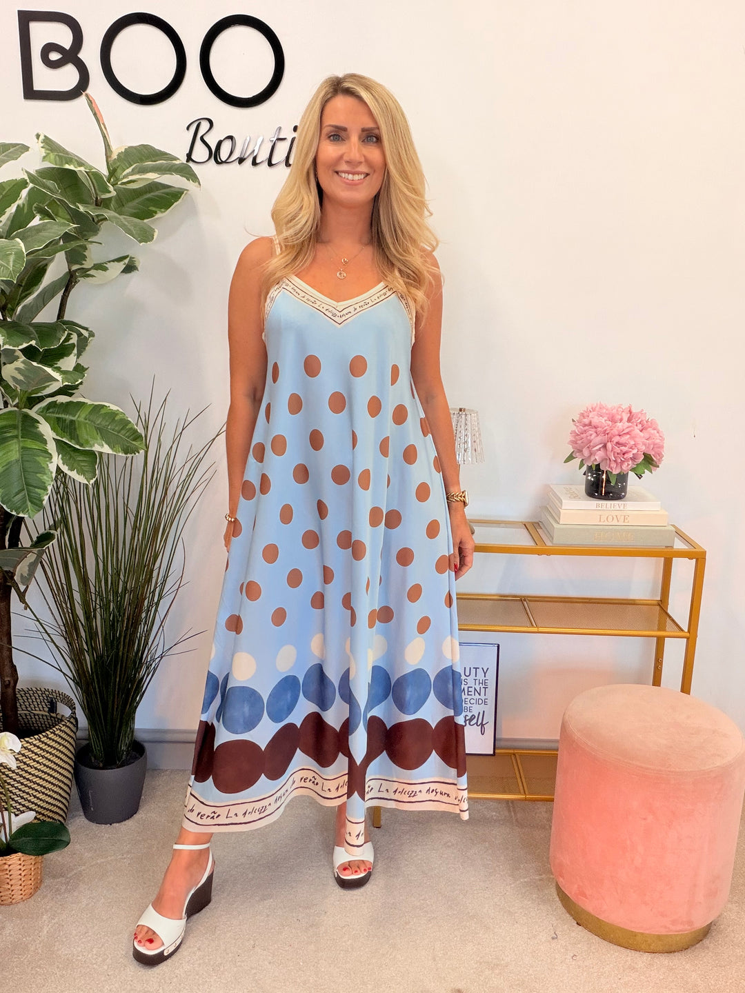 Ladies Polka Dot Satin Summer Cami Maxi Dress - Cream, Blue & Pink