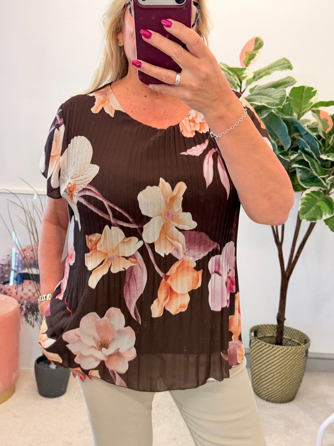 Ladies Pleated Floral Print Chiffon Top - Black, Cream, Blue, Lemon, Pink, Navy, Brown