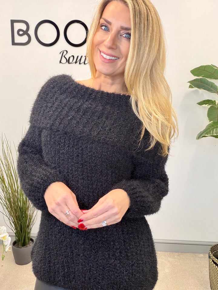 LADIES FLUFFY KNIT BARDOT JUMPER - MINT, BLACK, CREAM, PINK, LEMON & MOCHA