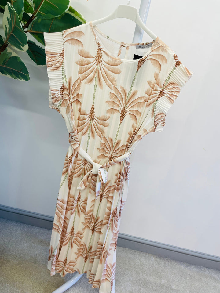 LADIES WOMENS TROPICAL PRINT PLEATED SUMMER MIDI DRESS - BLACK, KHAKI, BLUE, BEIGE & NAVY