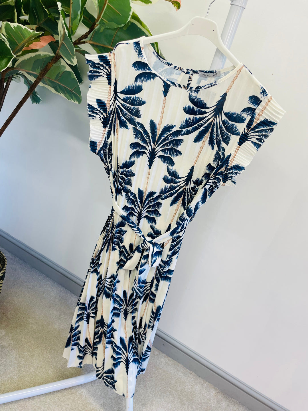 LADIES WOMENS TROPICAL PRINT PLEATED SUMMER MIDI DRESS - BLACK, KHAKI, BLUE, BEIGE & NAVY